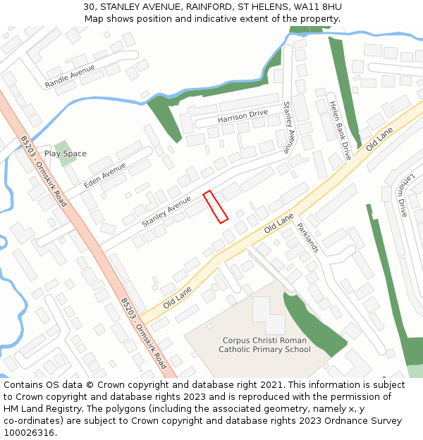 30, STANLEY AVENUE, RAINFORD, ST HELENS, WA11 8HU: Location map and indicative extent of plot