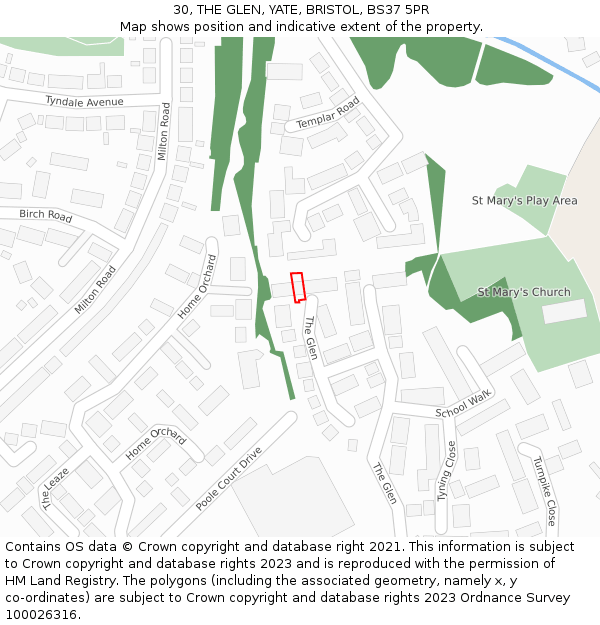 30, THE GLEN, YATE, BRISTOL, BS37 5PR: Location map and indicative extent of plot