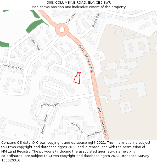 308, COLUMBINE ROAD, ELY, CB6 3WR: Location map and indicative extent of plot