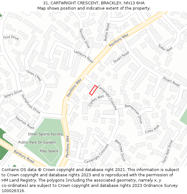 31, CARTWRIGHT CRESCENT, BRACKLEY, NN13 6HA: Location map and indicative extent of plot