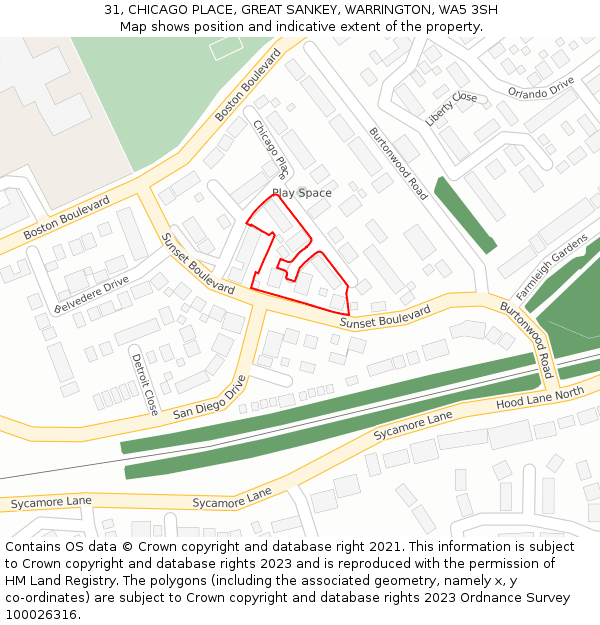 31, CHICAGO PLACE, GREAT SANKEY, WARRINGTON, WA5 3SH: Location map and indicative extent of plot