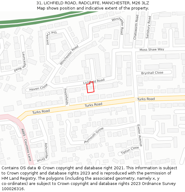 31, LICHFIELD ROAD, RADCLIFFE, MANCHESTER, M26 3LZ: Location map and indicative extent of plot