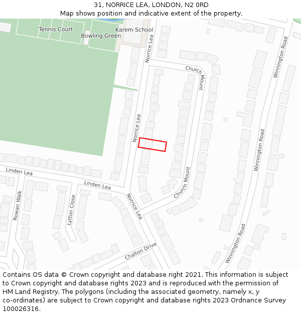 31, NORRICE LEA, LONDON, N2 0RD: Location map and indicative extent of plot