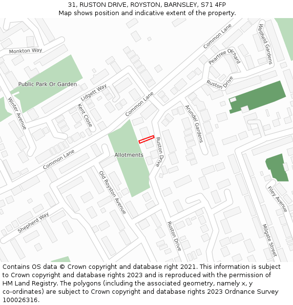 31, RUSTON DRIVE, ROYSTON, BARNSLEY, S71 4FP: Location map and indicative extent of plot