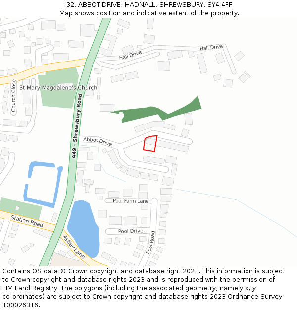 32, ABBOT DRIVE, HADNALL, SHREWSBURY, SY4 4FF: Location map and indicative extent of plot