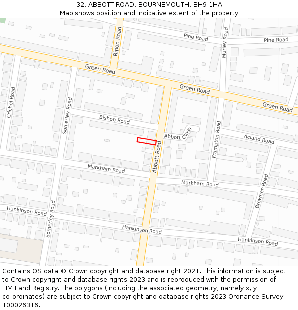 32, ABBOTT ROAD, BOURNEMOUTH, BH9 1HA: Location map and indicative extent of plot