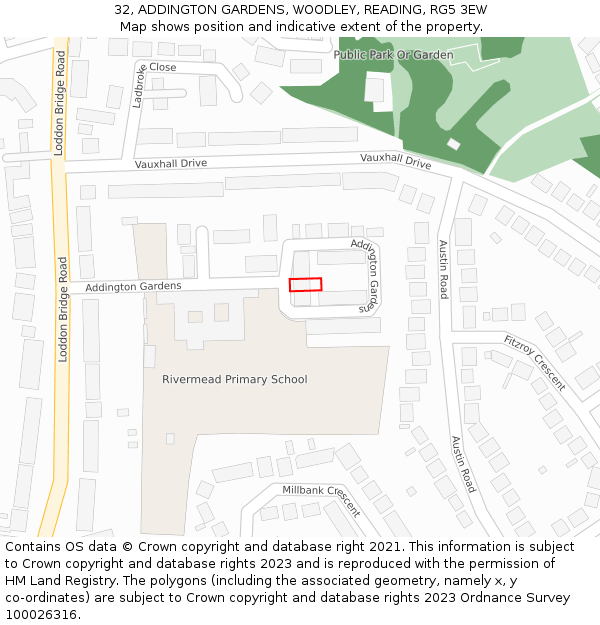 32, ADDINGTON GARDENS, WOODLEY, READING, RG5 3EW: Location map and indicative extent of plot