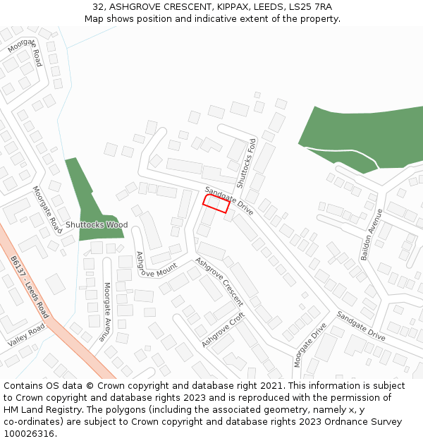 32, ASHGROVE CRESCENT, KIPPAX, LEEDS, LS25 7RA: Location map and indicative extent of plot