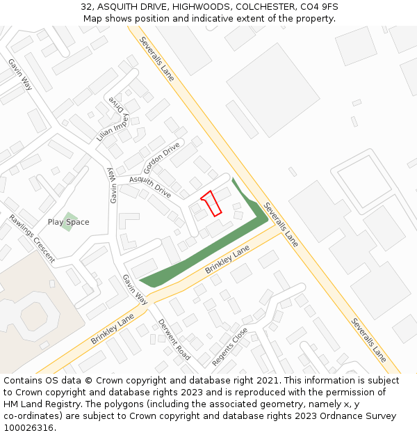 32, ASQUITH DRIVE, HIGHWOODS, COLCHESTER, CO4 9FS: Location map and indicative extent of plot