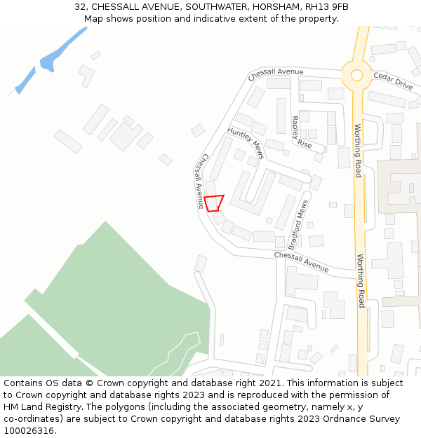 32, CHESSALL AVENUE, SOUTHWATER, HORSHAM, RH13 9FB: Location map and indicative extent of plot