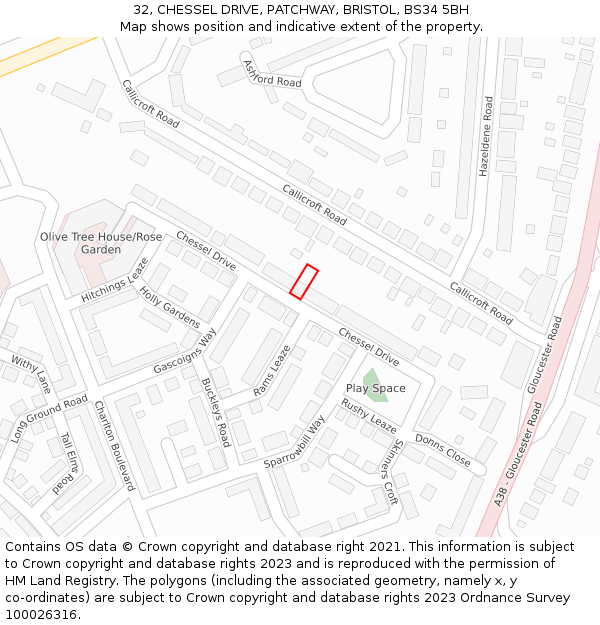 32, CHESSEL DRIVE, PATCHWAY, BRISTOL, BS34 5BH: Location map and indicative extent of plot