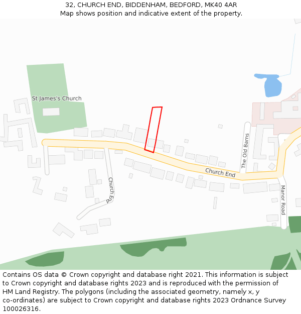 32, CHURCH END, BIDDENHAM, BEDFORD, MK40 4AR: Location map and indicative extent of plot