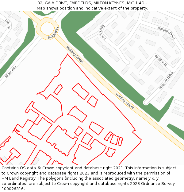 32, GAIA DRIVE, FAIRFIELDS, MILTON KEYNES, MK11 4DU: Location map and indicative extent of plot