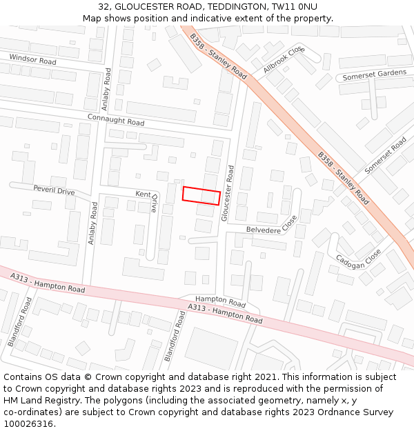 32, GLOUCESTER ROAD, TEDDINGTON, TW11 0NU: Location map and indicative extent of plot