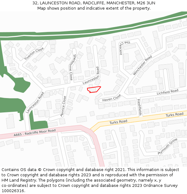 32, LAUNCESTON ROAD, RADCLIFFE, MANCHESTER, M26 3UN: Location map and indicative extent of plot