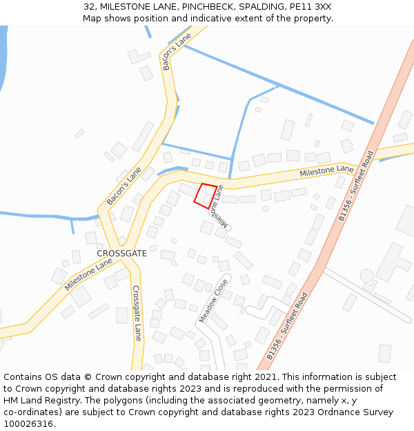 32, MILESTONE LANE, PINCHBECK, SPALDING, PE11 3XX: Location map and indicative extent of plot