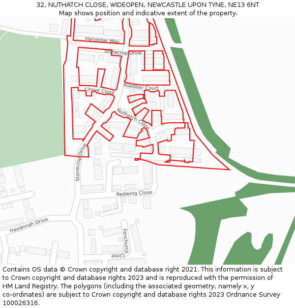 32, NUTHATCH CLOSE, WIDEOPEN, NEWCASTLE UPON TYNE, NE13 6NT: Location map and indicative extent of plot