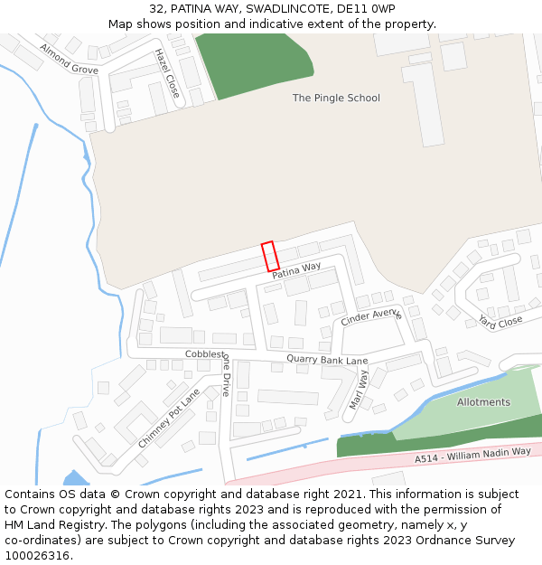 32, PATINA WAY, SWADLINCOTE, DE11 0WP: Location map and indicative extent of plot