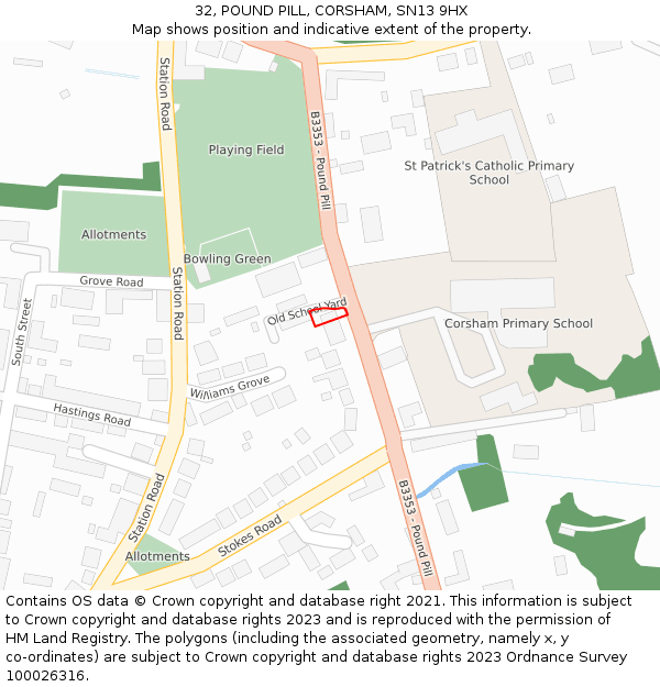 32, POUND PILL, CORSHAM, SN13 9HX: Location map and indicative extent of plot