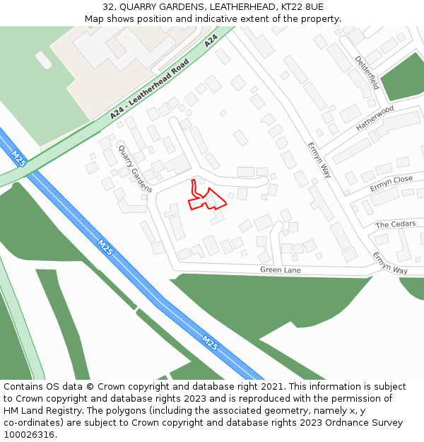 32, QUARRY GARDENS, LEATHERHEAD, KT22 8UE: Location map and indicative extent of plot