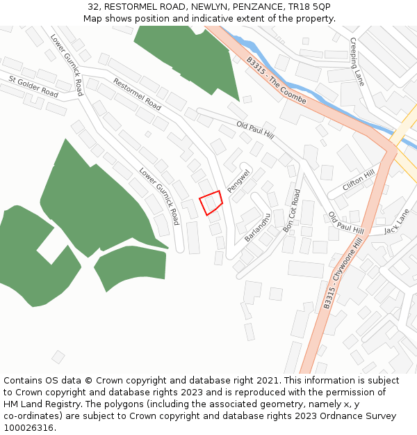 32, RESTORMEL ROAD, NEWLYN, PENZANCE, TR18 5QP: Location map and indicative extent of plot