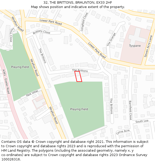 32, THE BRITTONS, BRAUNTON, EX33 2HF: Location map and indicative extent of plot