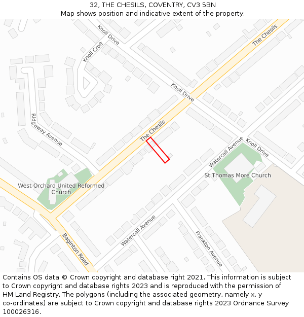 32, THE CHESILS, COVENTRY, CV3 5BN: Location map and indicative extent of plot