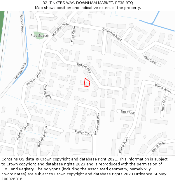 32, TINKERS WAY, DOWNHAM MARKET, PE38 9TQ: Location map and indicative extent of plot