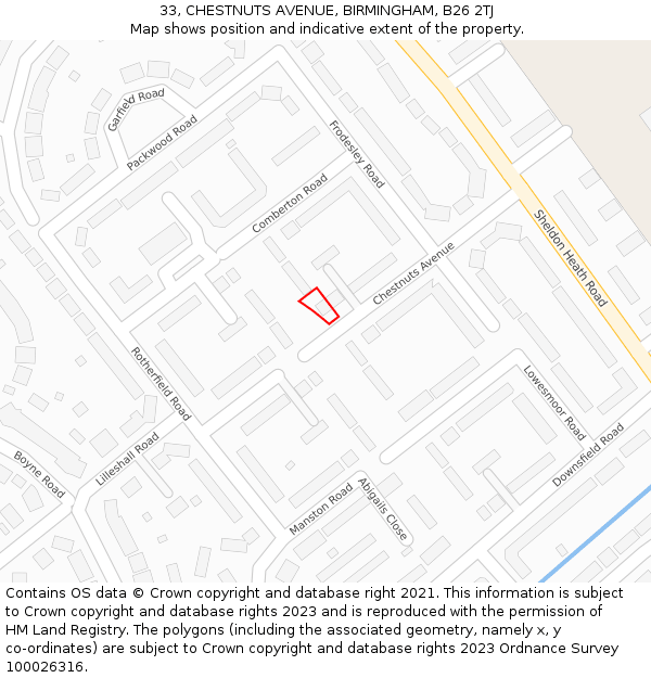 33, CHESTNUTS AVENUE, BIRMINGHAM, B26 2TJ: Location map and indicative extent of plot