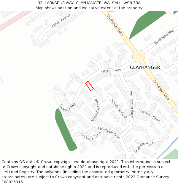 33, LARKSPUR WAY, CLAYHANGER, WALSALL, WS8 7RA: Location map and indicative extent of plot