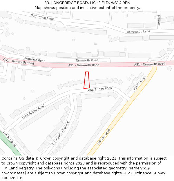 33, LONGBRIDGE ROAD, LICHFIELD, WS14 9EN: Location map and indicative extent of plot