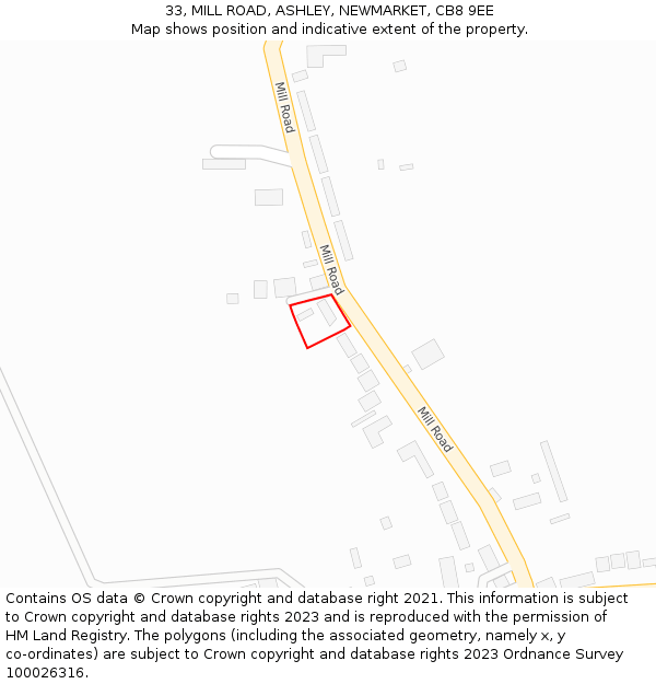 33, MILL ROAD, ASHLEY, NEWMARKET, CB8 9EE: Location map and indicative extent of plot