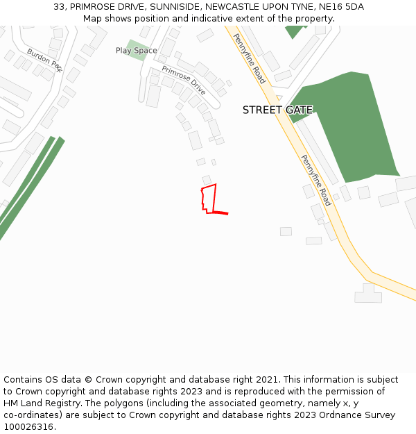 33, PRIMROSE DRIVE, SUNNISIDE, NEWCASTLE UPON TYNE, NE16 5DA: Location map and indicative extent of plot