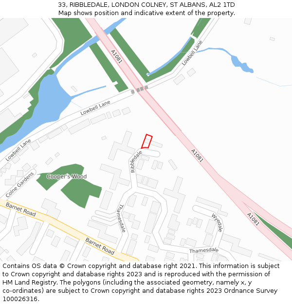 33, RIBBLEDALE, LONDON COLNEY, ST ALBANS, AL2 1TD: Location map and indicative extent of plot