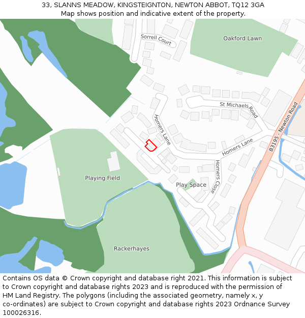 33, SLANNS MEADOW, KINGSTEIGNTON, NEWTON ABBOT, TQ12 3GA: Location map and indicative extent of plot