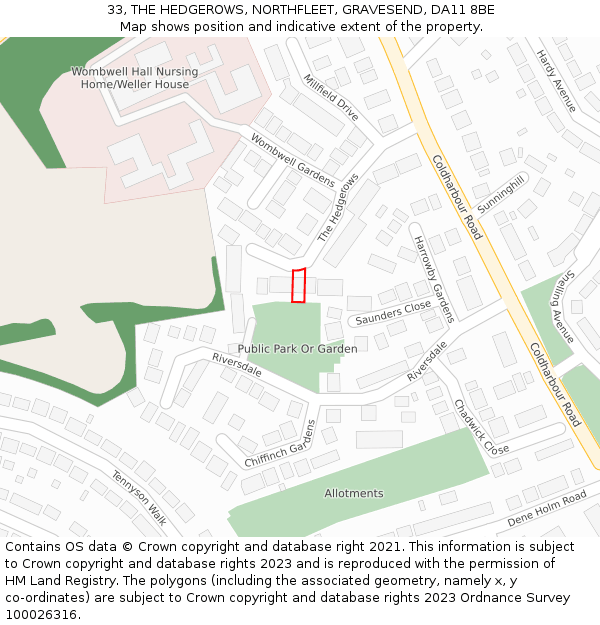 33, THE HEDGEROWS, NORTHFLEET, GRAVESEND, DA11 8BE: Location map and indicative extent of plot