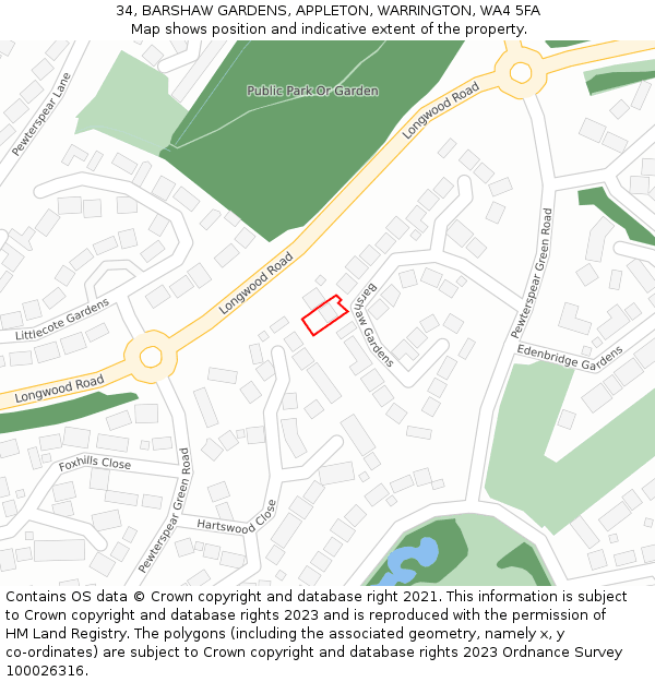 34, BARSHAW GARDENS, APPLETON, WARRINGTON, WA4 5FA: Location map and indicative extent of plot