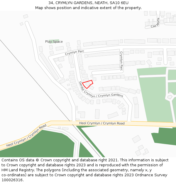 34, CRYMLYN GARDENS, NEATH, SA10 6EU: Location map and indicative extent of plot