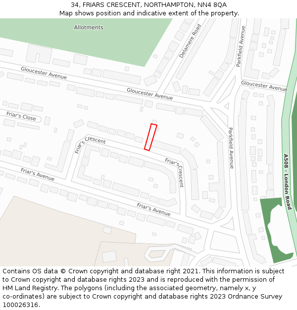 34, FRIARS CRESCENT, NORTHAMPTON, NN4 8QA: Location map and indicative extent of plot