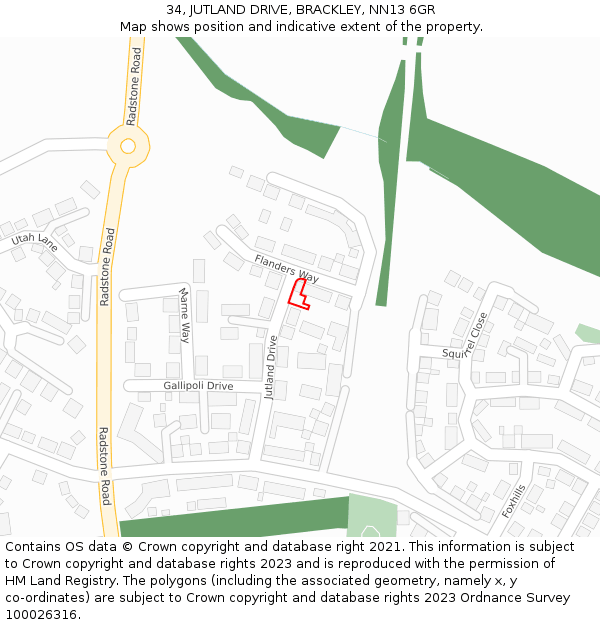 34, JUTLAND DRIVE, BRACKLEY, NN13 6GR: Location map and indicative extent of plot