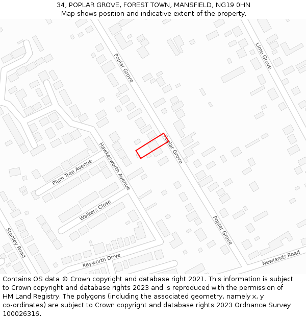 34, POPLAR GROVE, FOREST TOWN, MANSFIELD, NG19 0HN: Location map and indicative extent of plot