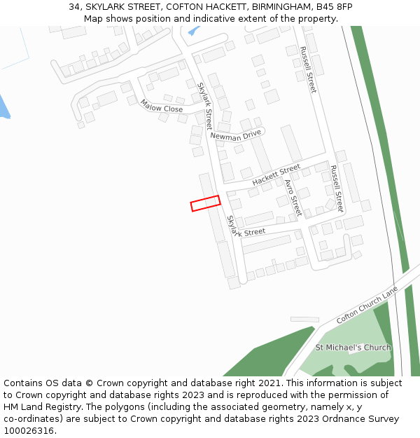 34, SKYLARK STREET, COFTON HACKETT, BIRMINGHAM, B45 8FP: Location map and indicative extent of plot