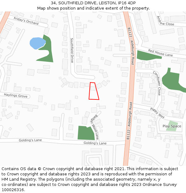 34, SOUTHFIELD DRIVE, LEISTON, IP16 4DP: Location map and indicative extent of plot