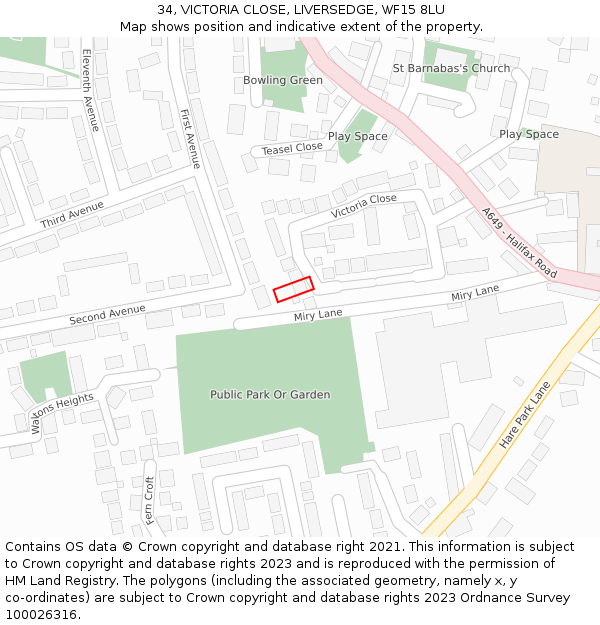 34, VICTORIA CLOSE, LIVERSEDGE, WF15 8LU: Location map and indicative extent of plot