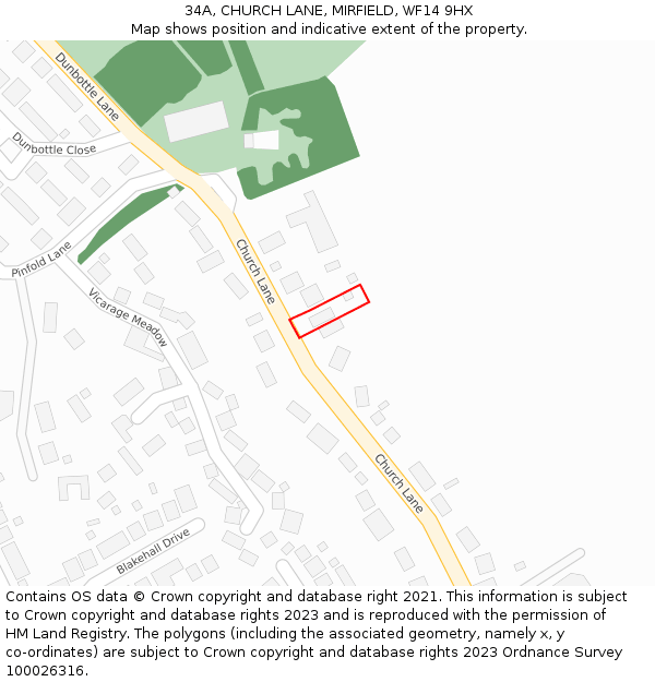 34A, CHURCH LANE, MIRFIELD, WF14 9HX: Location map and indicative extent of plot