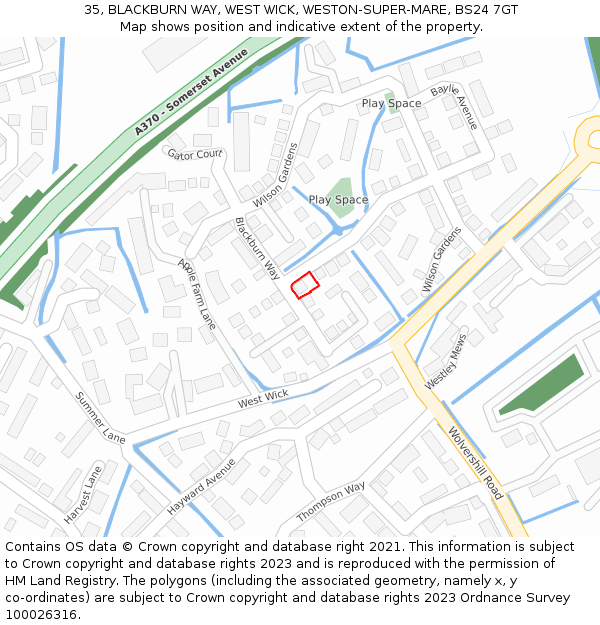 35, BLACKBURN WAY, WEST WICK, WESTON-SUPER-MARE, BS24 7GT: Location map and indicative extent of plot