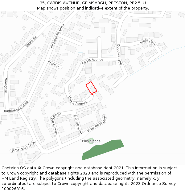 35, CARBIS AVENUE, GRIMSARGH, PRESTON, PR2 5LU: Location map and indicative extent of plot