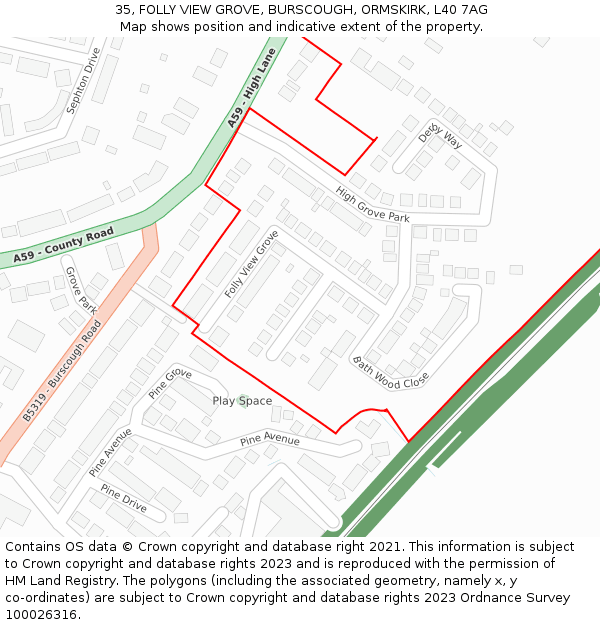 35, FOLLY VIEW GROVE, BURSCOUGH, ORMSKIRK, L40 7AG: Location map and indicative extent of plot