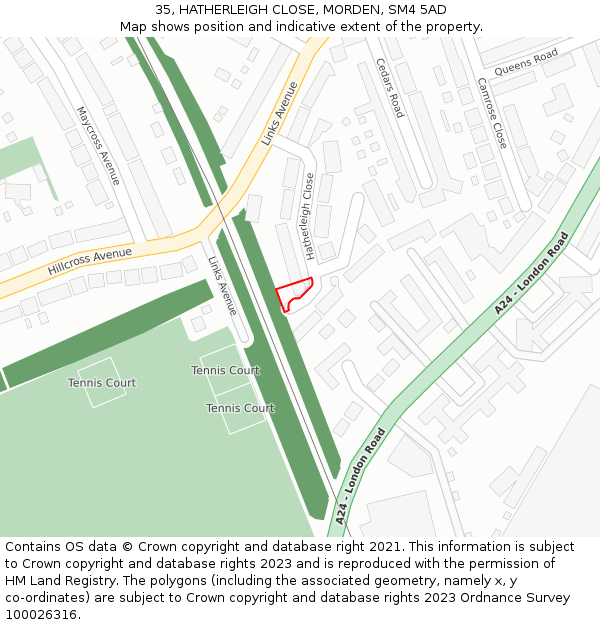 35, HATHERLEIGH CLOSE, MORDEN, SM4 5AD: Location map and indicative extent of plot