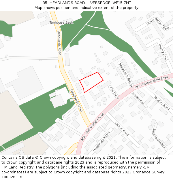 35, HEADLANDS ROAD, LIVERSEDGE, WF15 7NT: Location map and indicative extent of plot